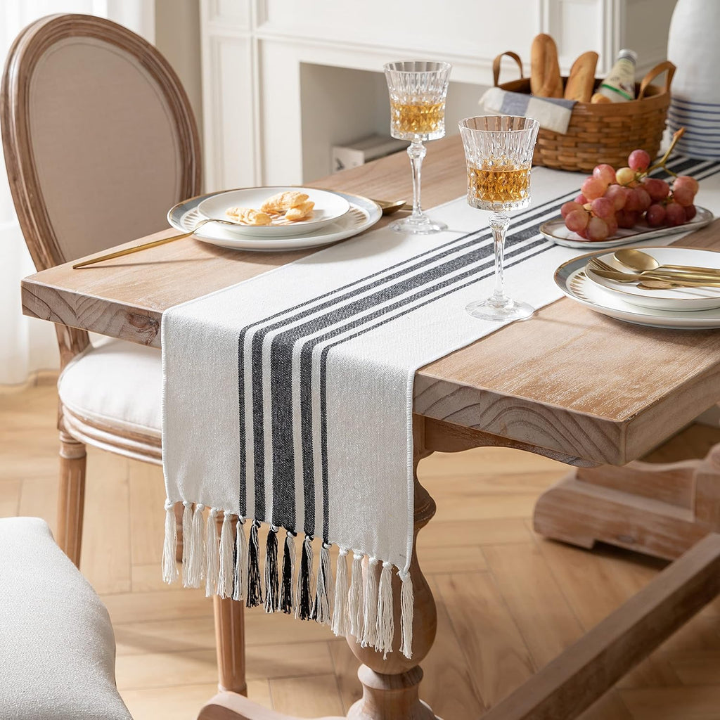 Boho Table Runner for Modern Farmhouse Decor, Dining Table décor 13 x 90 Inch Long, Coffee Table Runner with Handcrafted Tassels, Black and Beige, for Home Bohemian Decoration