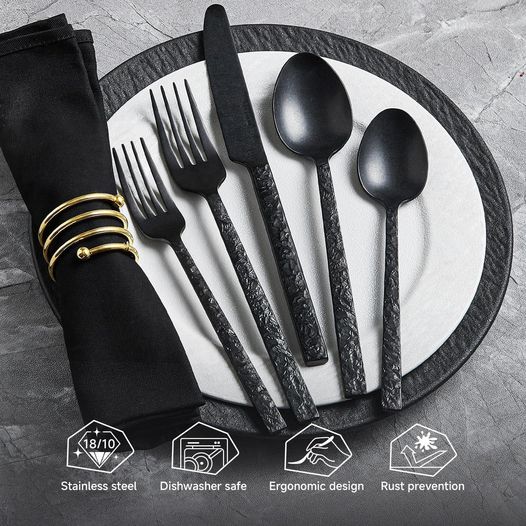 65 Pcs Black Hammered Silverware Set with Serving Utensils for 12