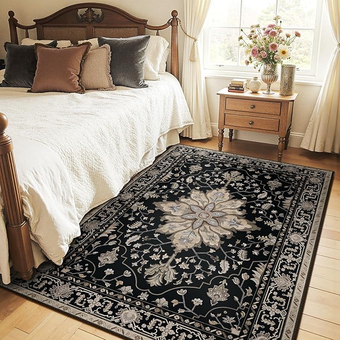 Area Rugs 4'x5' Washable Non-Slip, Floral Vintage Distress Print Pattern by RELEANY
