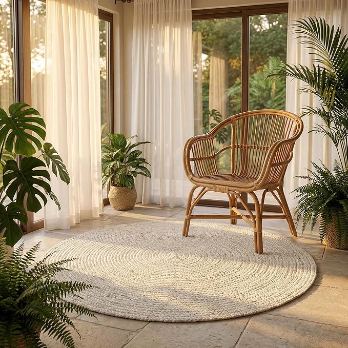 Hausattire Hand Woven Jute Braided Rug, 4’ Round – Off White, Reversible Boho by Hausattire
