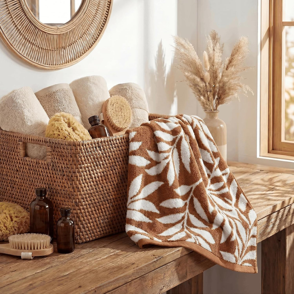 Artoid Mode 2 Pcs Beige Caramel Leaves Jacquard Hand Towels for Bathroom, 100% Cotton Soft Absorbent Bathroom Decor Towels, 13.7 x 29.5 Inch
