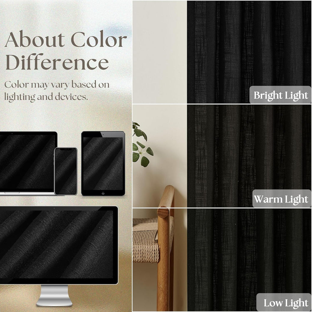 TWODRAPES Black Pinch Pleated Linen Semi Sheer 84 Inch Curtains 2 Panels