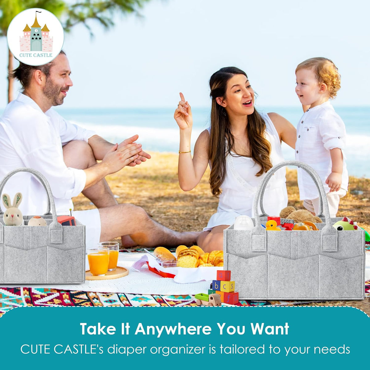 Cute Castle 2 Pack Diaper Caddy Organizer - Portable Baby Caddy Organizer with Handle, Nursery Storage Bin and Car Organizer for Girls, Boys - Baby Gift Basket - Grey