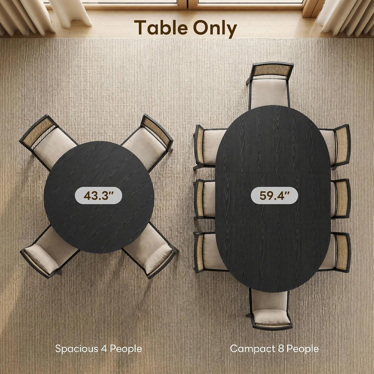 LIKIMIO Dining Table, 43"-59" Extendable Round to Oval with Storage, Black