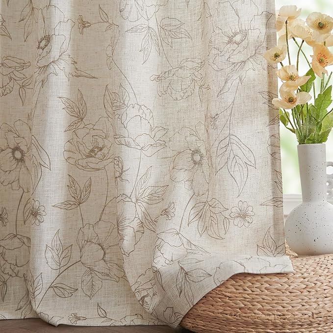 jinchan Linen Floral Curtains for Living Room 84 Inch Length Taupe Flower - Image 7