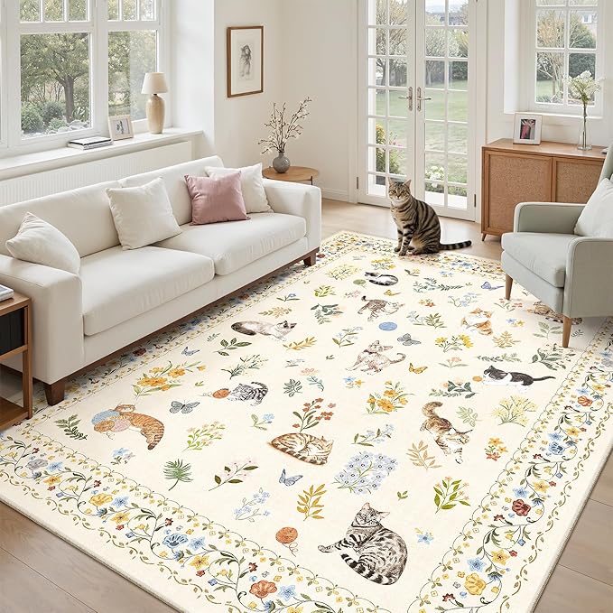 Cat 5x7 Area Rugs for Living Room, Machine Washable Animal Floral Vintage Rug by Soalmost