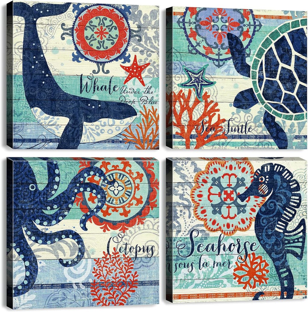 Bathroom Wall Art Beach Decor Ocean Sea Turtle Octopus Canvas Pictures Coastal Room Decor Teal Bathroom Accessories Vintage Whale Seahorse Poster Modern Nautical Painting Bedroom Home Decorations