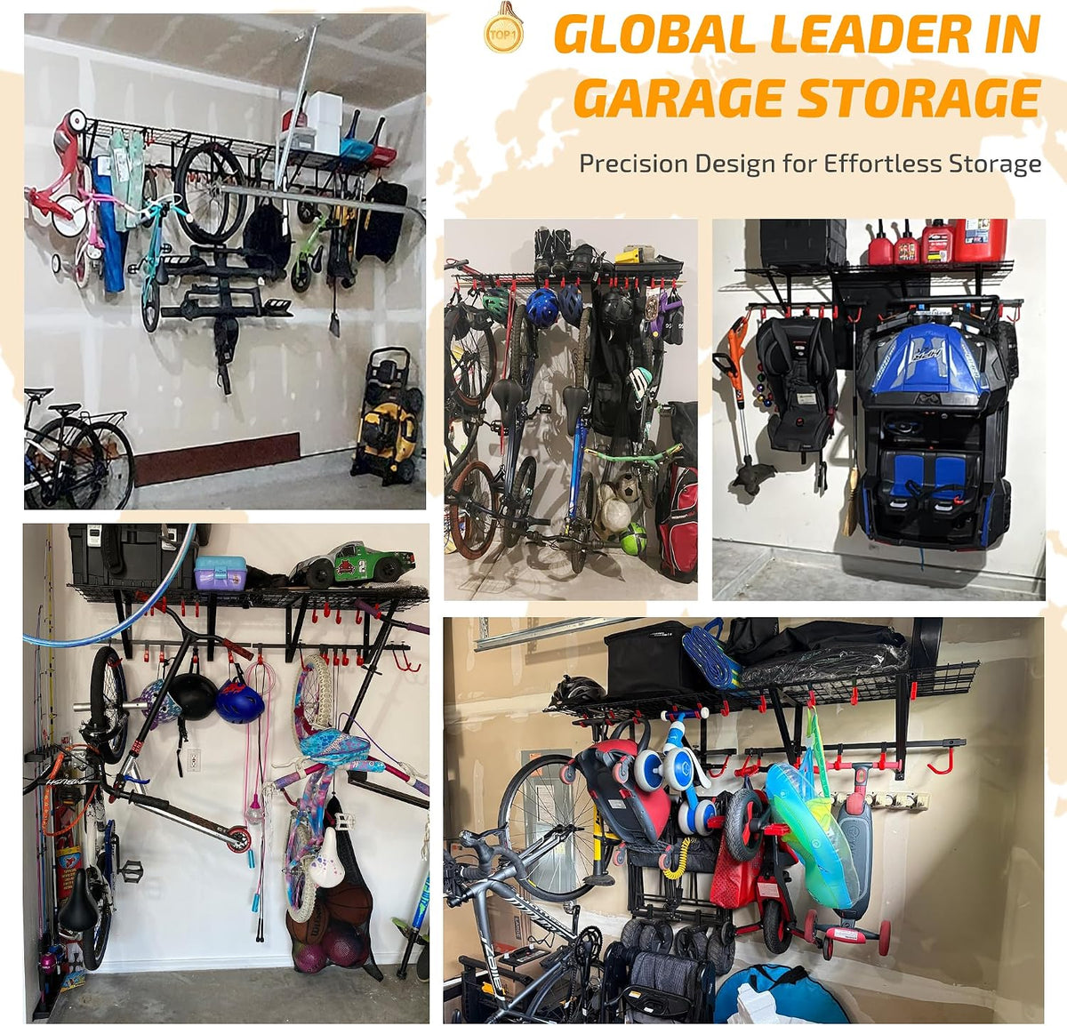 PLKOW Garage Wall Shelving with Bike Hooks, Adjustable Storage Rack