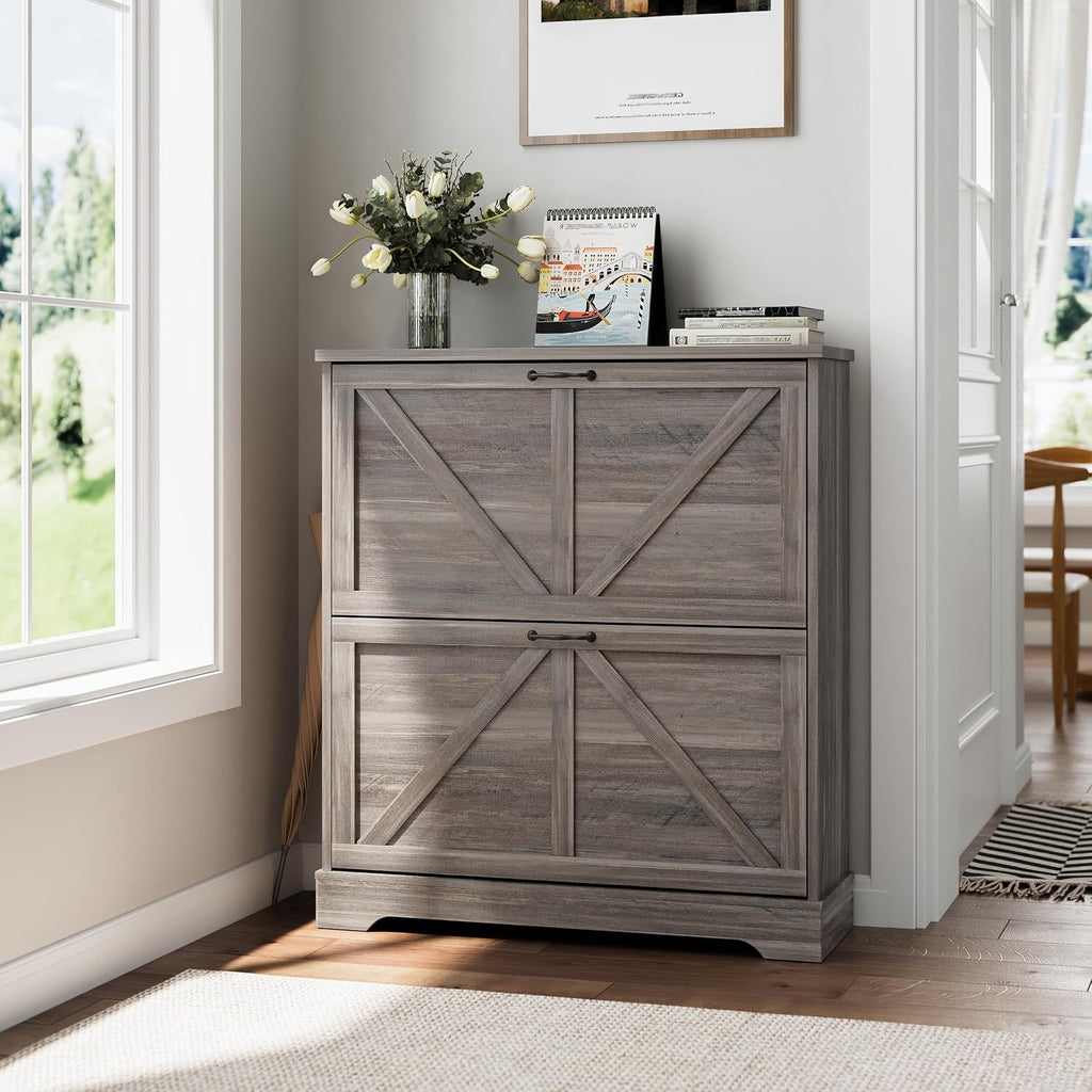 Smart FENDEE Shoe Cabinet, Shoe Storage Cabinet for Entryway with 2 Flip Drawers, Narrow Farmhouse Shoe Organizer Cabinet, Slim Shoe Rack Cabinet, 23.6in Rustic Brown