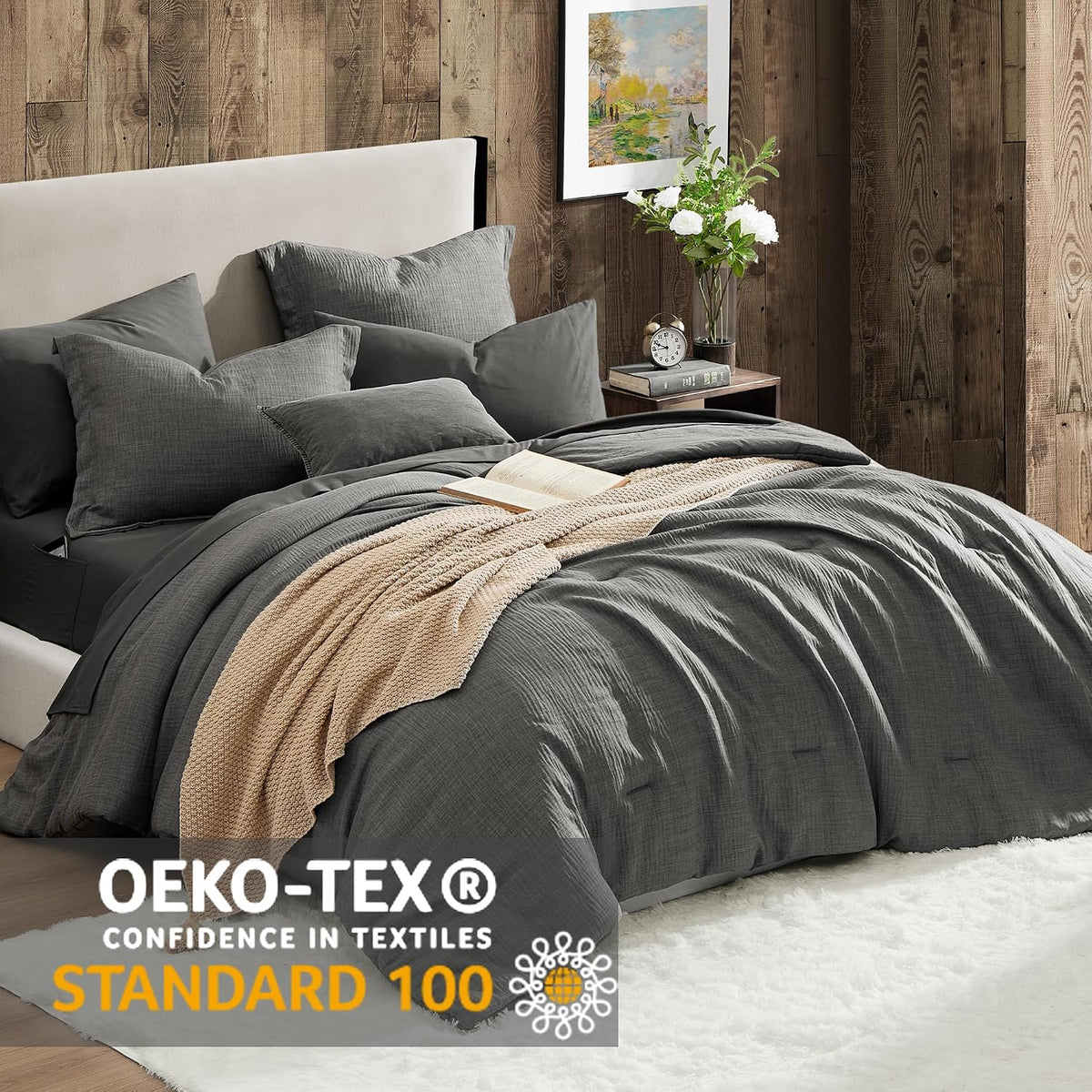 King Size Comforter Set- 7 Piece Gray King Bedding Set Solid Bed in a Bag