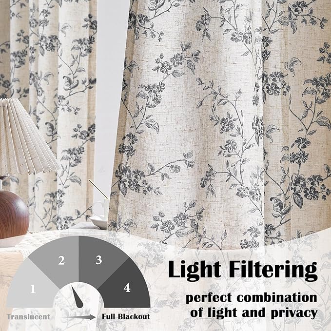 Lazzzy Farmhouse Linen Curtains Black Floral Curtains 90 Inch Length Back Tab - Image 4