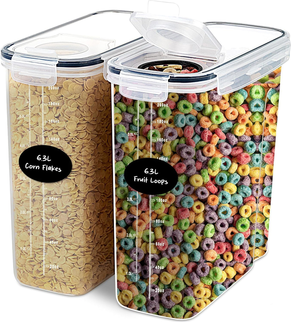 DWËLLZA KITCHEN Cereal Containers Storage 4L Set of 4 Airtight Food Storage Containers with Lids Cereal Dispenser Countertop Pantry Organization Canister for Rice Flour & Sugar 1 Marker 8 Labels