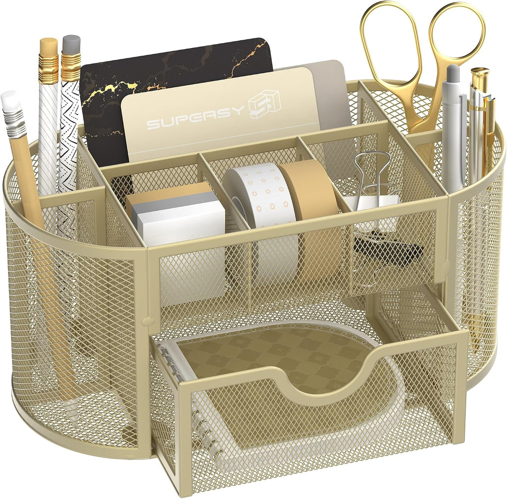 SUPEASY Mesh Desk Organizer, Desk Accessories & Workspace Organizers with Drawers, Pencil Holder for Desk with 9 Compartments for Office Suppliess, 8.6 x 4.3 x 4.1 Inch, Yellow