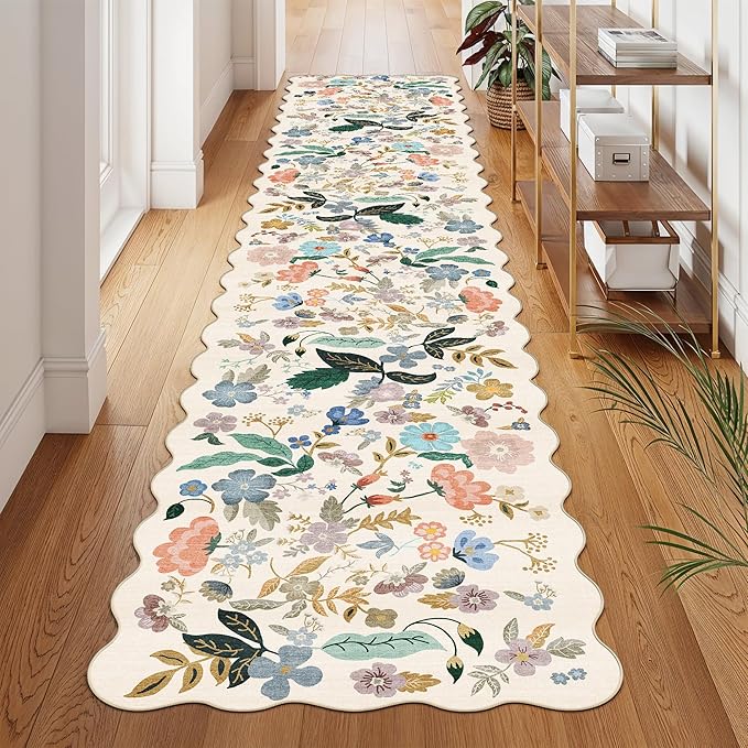Washable Hallway 2'6x12 Runner Rug: Floral Scalloped Rug by HYHAOYUNLAI
