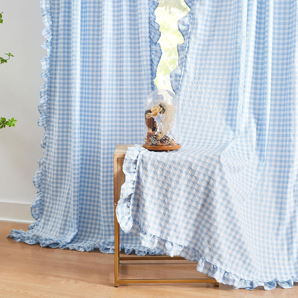 ZJDECOR Baby Blue Buffalo Plaid Ruffle Window Curtain Panels 84 Inches Long
