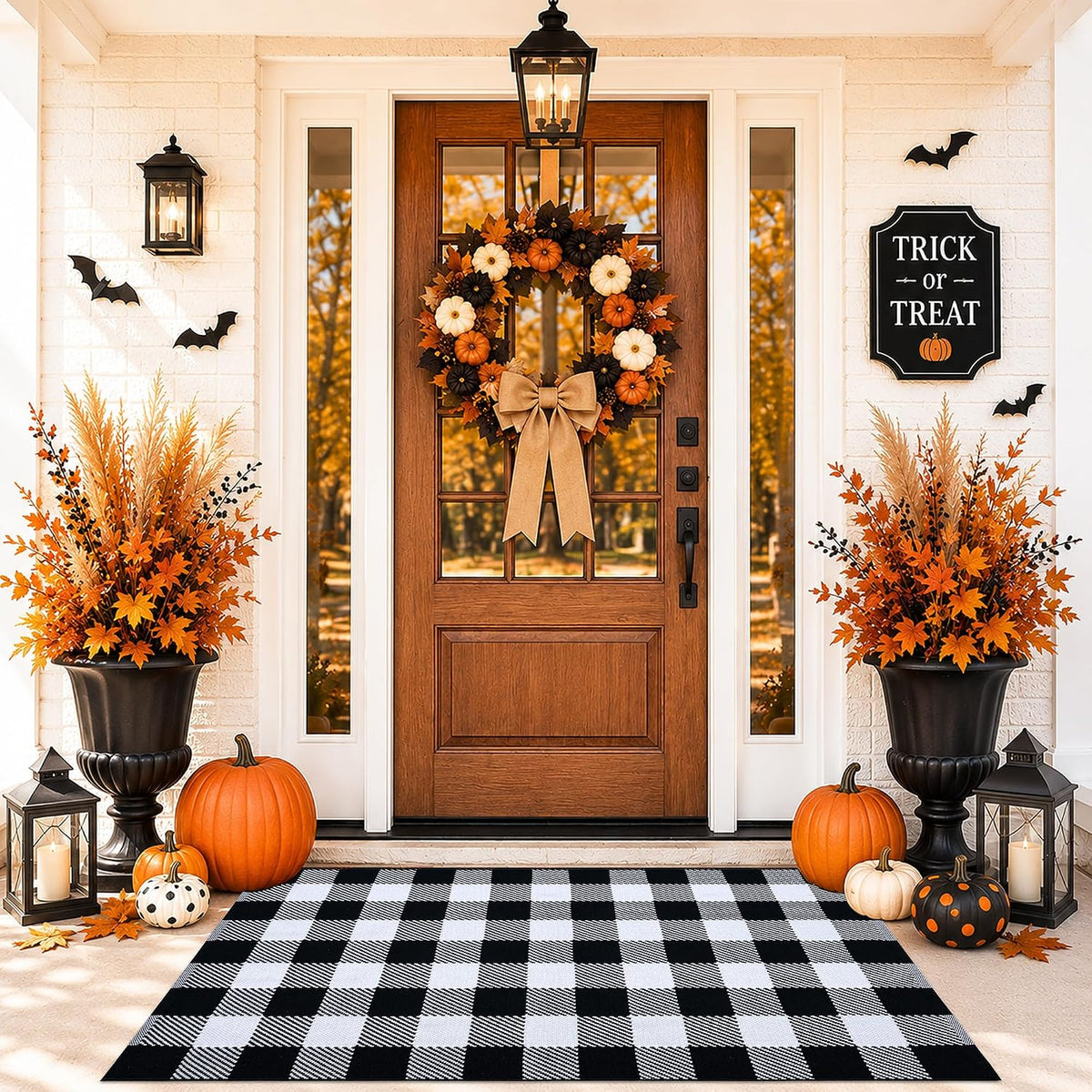 Black and White Buffalo Plaid Rug 3’x 5’, Halloween Door Mat, Washable Layering Rug for Front Door Entryway Porch Indoor Outdoor