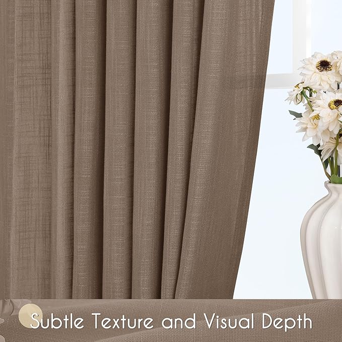 Chocolate Brown Linen Curtain 108 inch Length 2 Panels Back Tab Light Filtering - Image 3