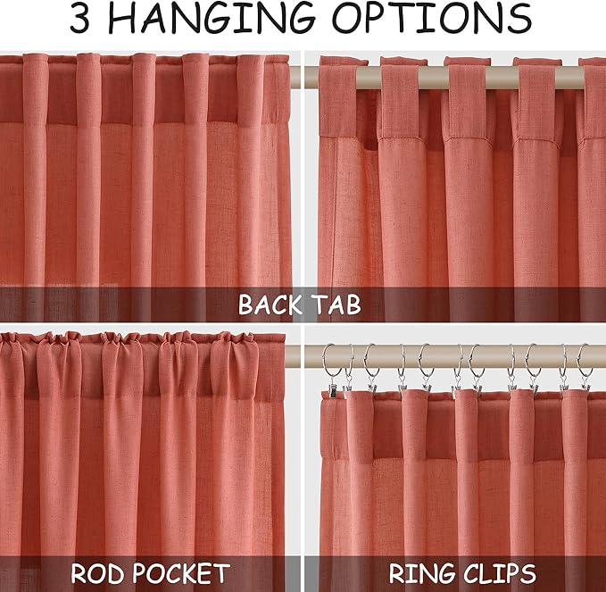 Coral Linen 96 Inch Length Curtains Panels 2 Panel Set Back Tab Rod Pocket - Image 2