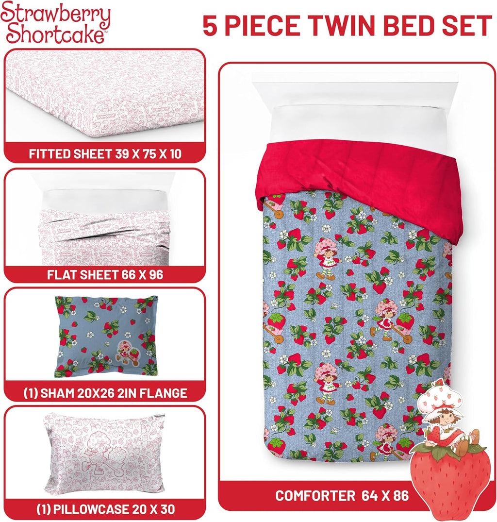Strawberry Shortcake Twin Comforter Set 5 Piece Kids Bedding, Blue