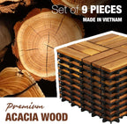 Acacia Wood Interlocking Deck Tiles, Patio & Backyard Tile, 12 in, 9 PCS
