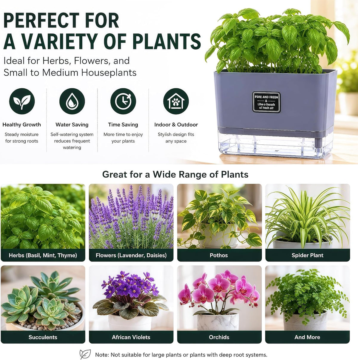 Self Watering Planters 4 Pack, 7 Inch Rectangle Plant Pots with Visible Water Reservoir, Indoor Outdoor Herb Planter Boxes for Windowsill，African Violets，Succulents，Flowers，Kitchen，Office，Balcony Gray