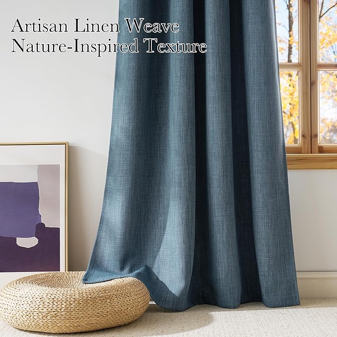 NICETOWN Mist Blue Faux Linen Room Darkening Rod Pocket Curtains 63 inch Length - Image 3