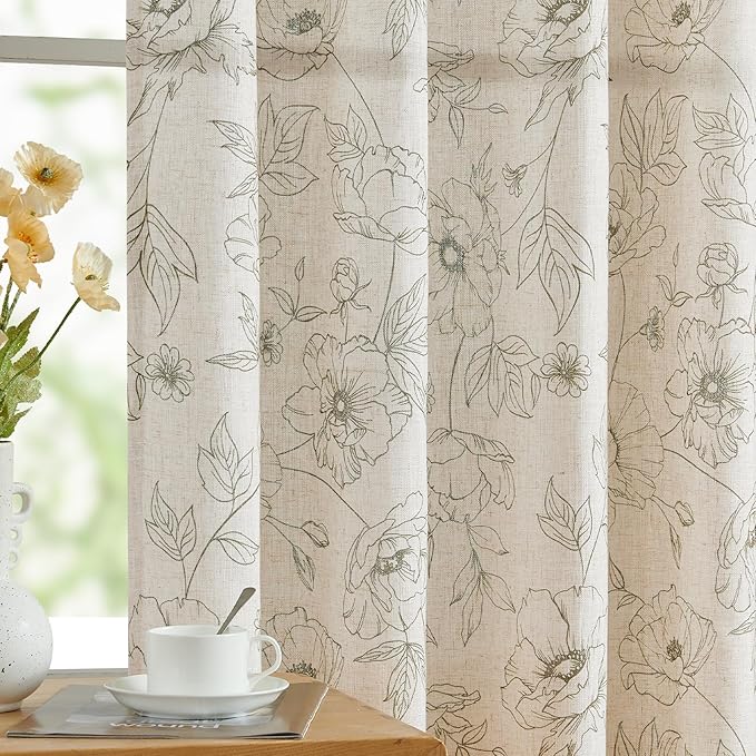 jinchan Floral Linen Curtains for Living Room 96 Inch Length Green Flower by JINCHAN