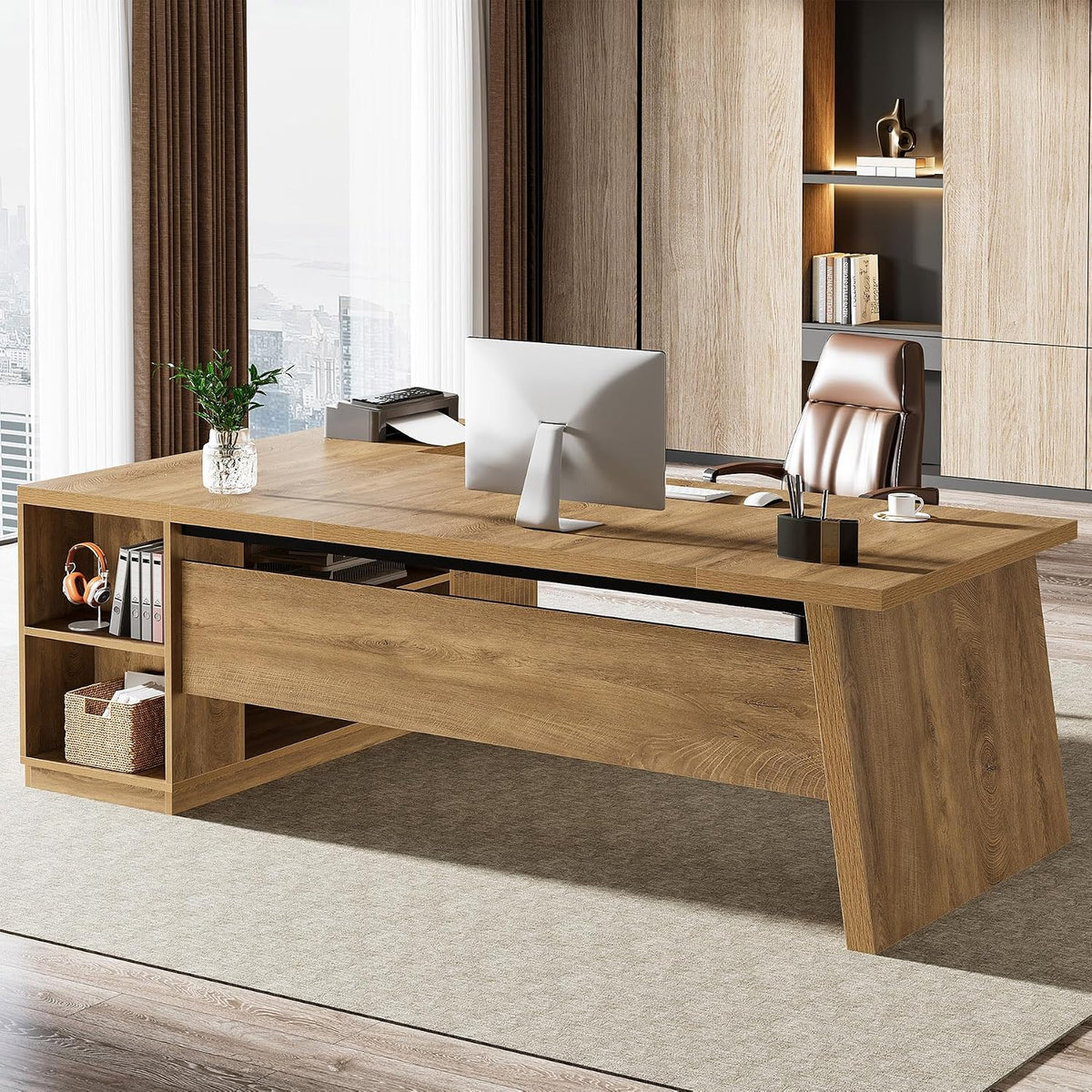 Tribesigns 78" L Shaped Desk with Drawers, Large Executive Office Desk with File Cabinet and Shelves, Modern Corner Computer Table Business Furniture for Home Office, Brown