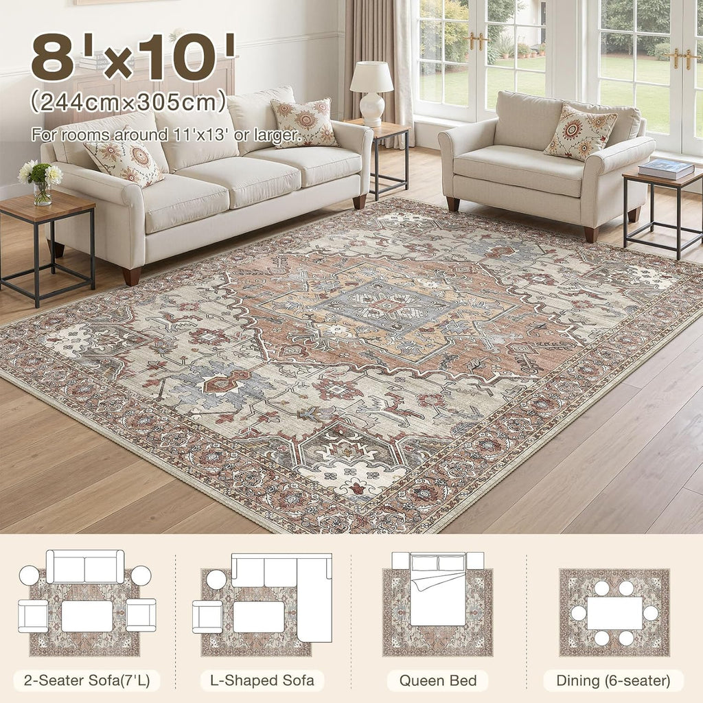8x10 Area Rugs for Living Room: Washable Soft Brick Red Neutral Rug