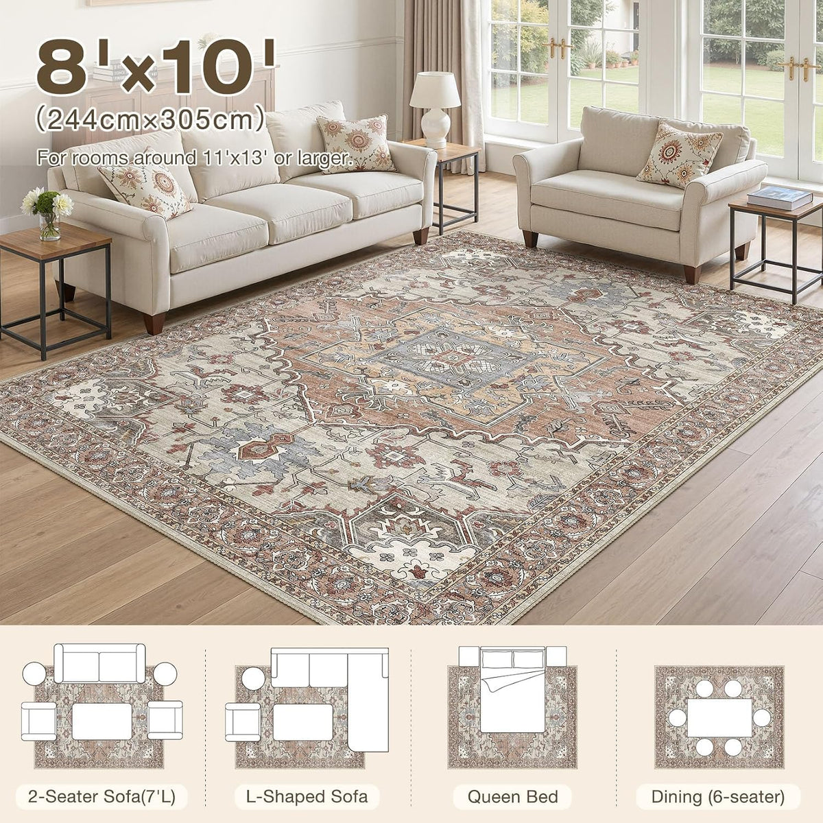 8x10 Area Rugs for Living Room: Washable Soft Brick Red Neutral Rug