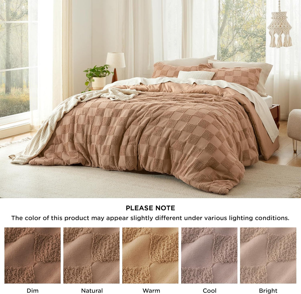 Bedsure Taupe Comforters Queen Set, Vintage Boho Plaid Bedding Set 3 Pcs