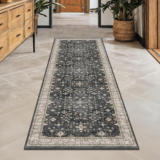 Black Boho Washable 2x6 Runner Rugs by HazoHaus