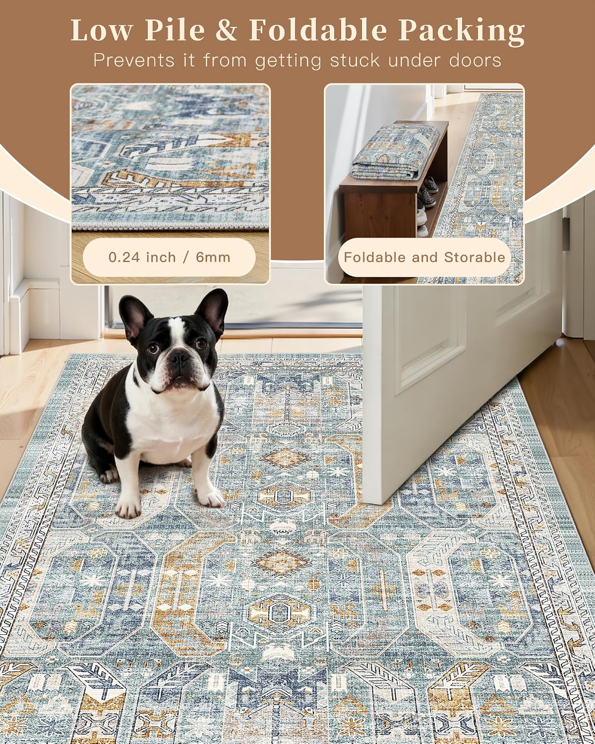 Madane Hallway Runner Rug 2x8 Washable Kitchen Rugs Non-Slip, Blue/Gold