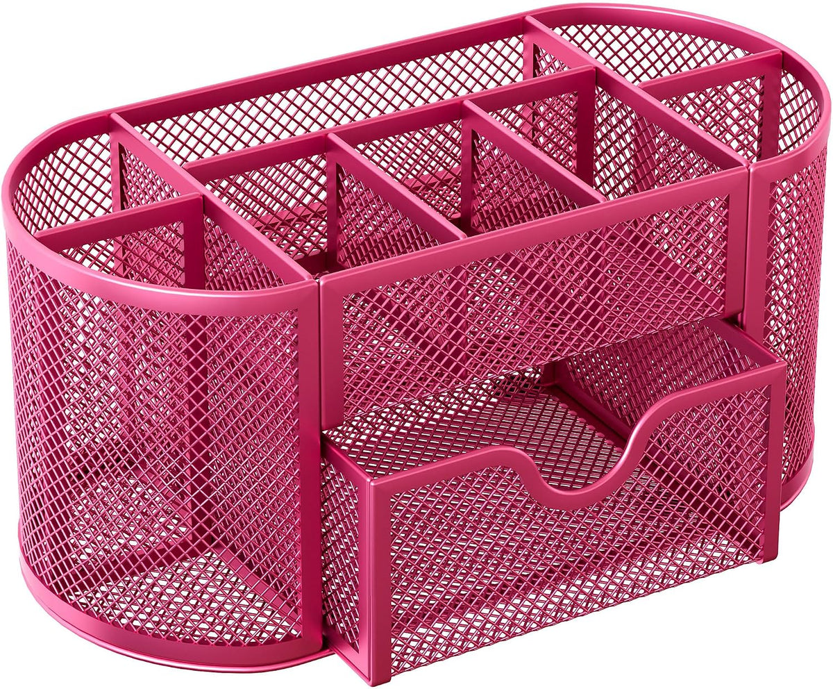 EasyPAG Mesh Pen Holder Desk Organizer with Drawer Stationery Supplies Organizer for Dorm School 9 Compartments Workspace Desk Accessories Organization for Office, Hot Pink