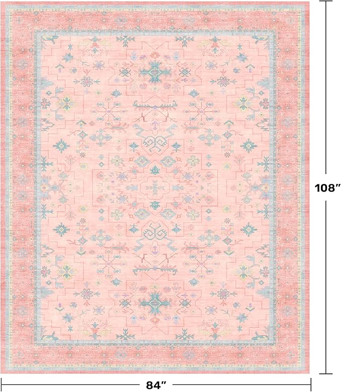 Washable Pink and Blue 7x9 Boho Rugs - Image 2