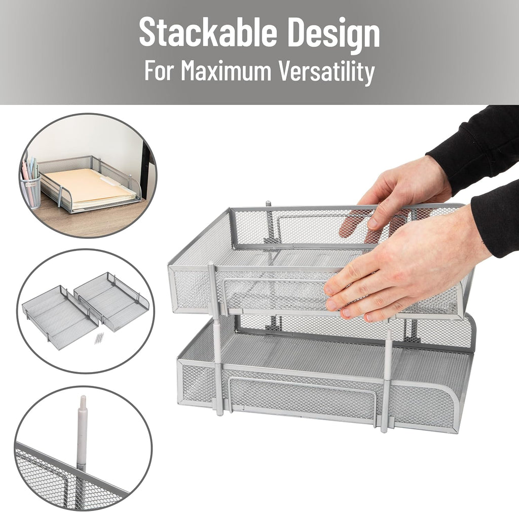 Mind Reader Stackable Paper Tray, Desktop Organizer, File Storage, Office, Metal Mesh, 2 Pc, Silver