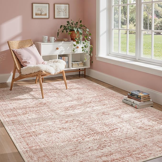 5x7 Area Rugs Pink Low Pile Indoor Washable Trendy Faded Style Rugs - Image 2