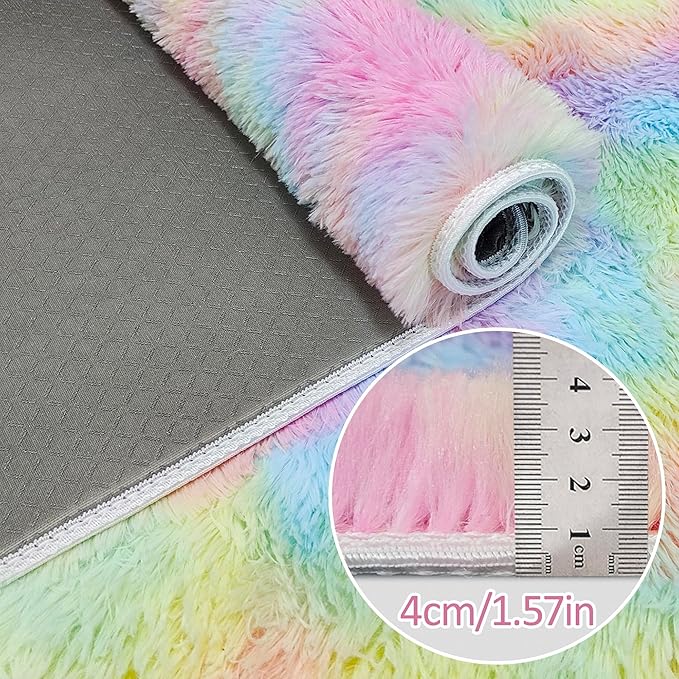 Fluffy Rainbow Rug for Girls Bedroom 2x6 Feet Kawaii Tie Dye Runner Rug Cute - Image 3