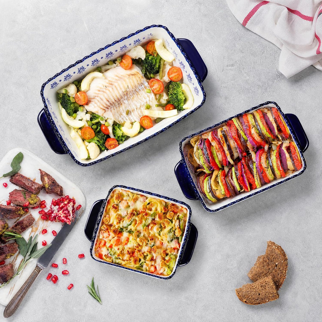 SOUJOY 3 Pack Porcelain Bakeware Set, Rectangular Baking Dishes, Lasagna Pan for Cooking, Kitchen, Casserole Dishes, Cake Dinner, Banquet and Daily Use