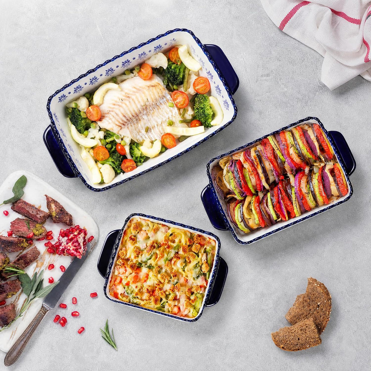 SOUJOY 3 Pack Porcelain Bakeware Set, Rectangular Baking Dishes, Lasagna Pan for Cooking, Kitchen, Casserole Dishes, Cake Dinner, Banquet and Daily Use