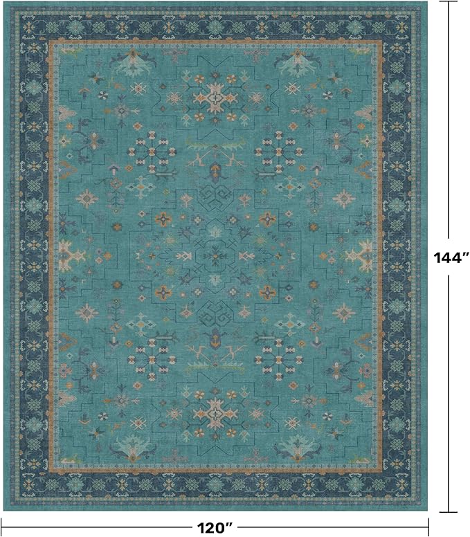 Washable 10x12 Large Teal Teal Boho Living Room Rug - Image 2