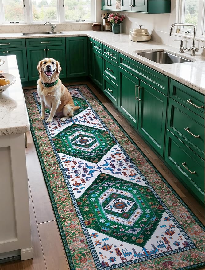 SERISSA Runner Rug for Hallways, Long Boho Rug Vintage Green White Hallway - Image 2