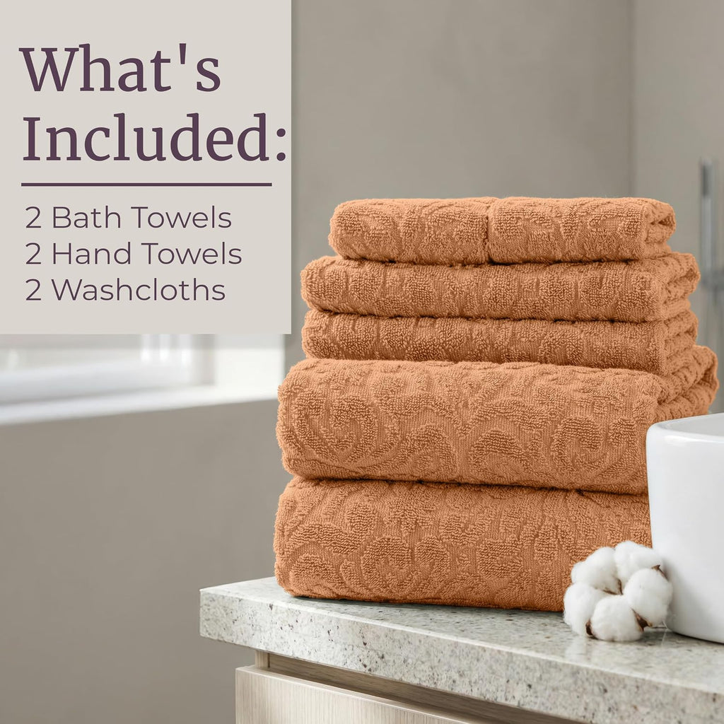 6PC Jacquard Towel Set - 500GSM 100% Cotton Bathroom Accessories - 2 Bath Towels, 2 Hand Towels and 2 Wash Cloths - Soft and Absorbent Bathroom Set for Shower, Gym, Dorm, and Spa by Lavish Home (Clay)
