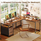 PRAISUN 63 Inch L Shaped Desk with Power Outlets and USB-C Port, Computer Corner Home Office Desk with File Fabric Drawers and Movable Monitor Stand, Larger Storage, Gaming, Writing, Rustic Brown