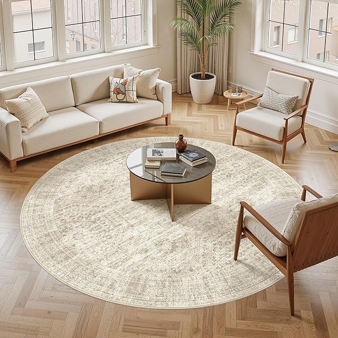 Soalmost 9x9 Beige Round Rug 9ft Living Room Circle Rug Vintage Round Area Rug - Image 2