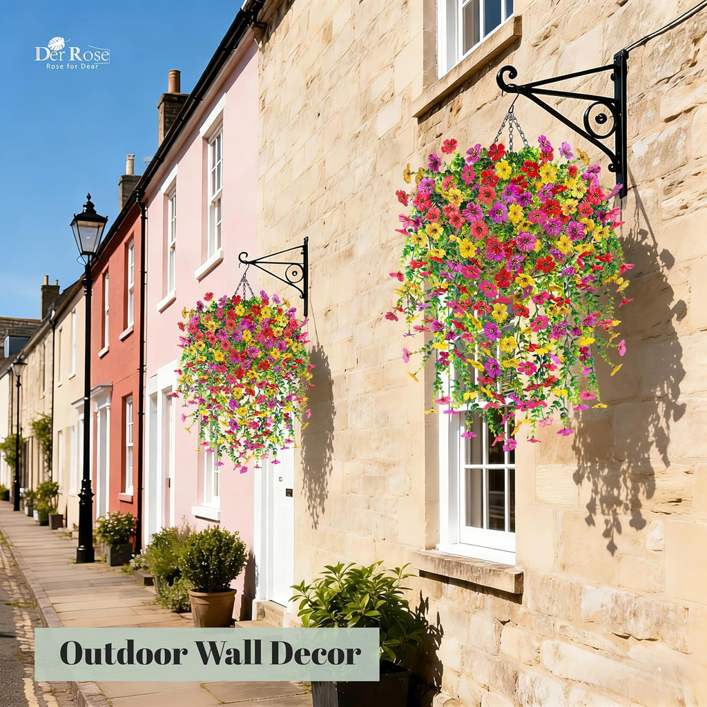 Der Rose 2Pcs Artificial Hanging Flower Basket for Outdoors Fake Hanging Flowers Plants with 4 Faux Silk Trailing Vines for Porch Patio Balcony Spring