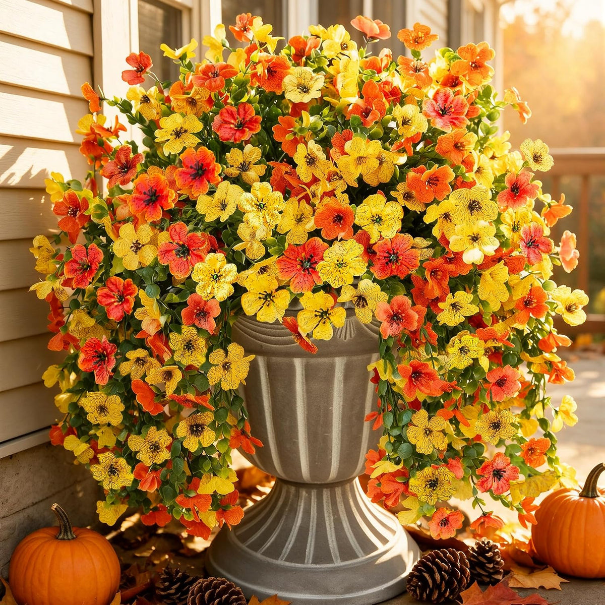 INSPRING Artificial Flowers for Outdoors Fake Mums Hanging Plants Decor, 2Pcs Silk Daisy with Eucalyptus UV Resistant Look Real Trailing Vines for Planter Front Door Patio Yard, OrangeYellow