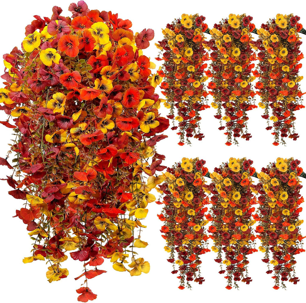 6 PCS Artificial Hanging Pansy Flowers, 30 Inch Blue Cascading Vines UV Resistant Artificial Flowers for Outdoors, Faux Hanging Plants for Farmhouse Porch Garden Window Box Patio Decor