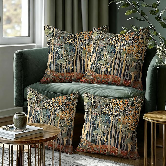 Rustic William Morris Inspired Autumn Forest Decor Pillow Covers 18x18 Set of 4 - Image 6