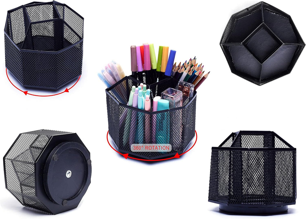 Exerz Desk Organizer 360 Rotating Pen Holder 5 Compartments Caddy Black